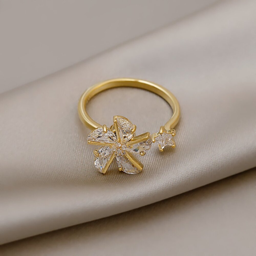 Gold Flower Spinner Open Ring Adjustable CZ Flower Ring Fidget Jewelry